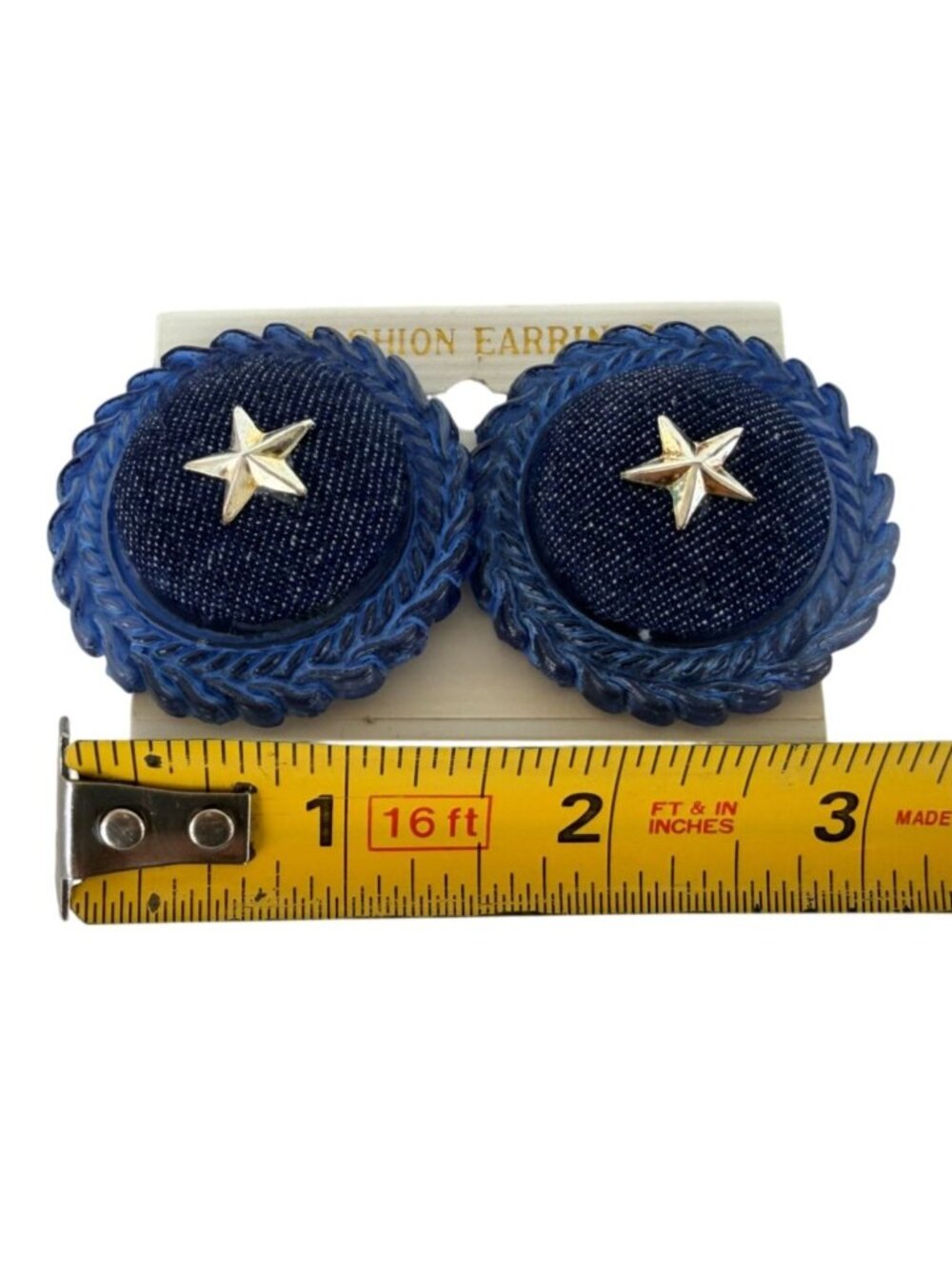 Vintage NOS Large Statement Earrings Blue Clip-On Earrings Center Star Design
